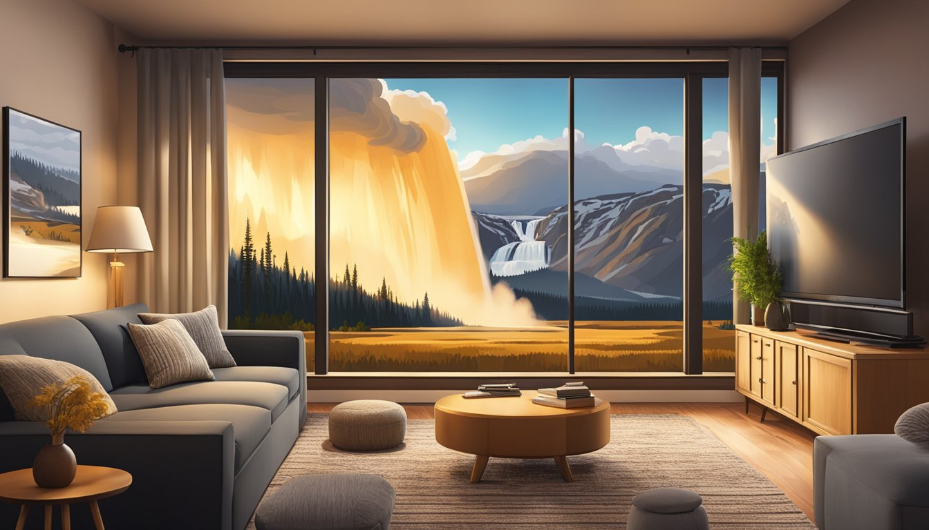 A cozy living room with a large TV screen showing the dramatic landscapes of Yellowstone National Park. A comfortable sofa and warm lighting complete the viewing experience