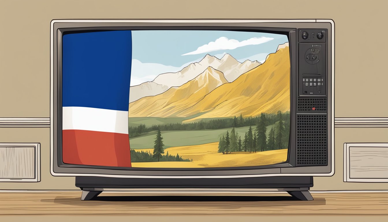 A French flag waving in front of a TV screen showing the series "Yellowstone" with subtitles in French