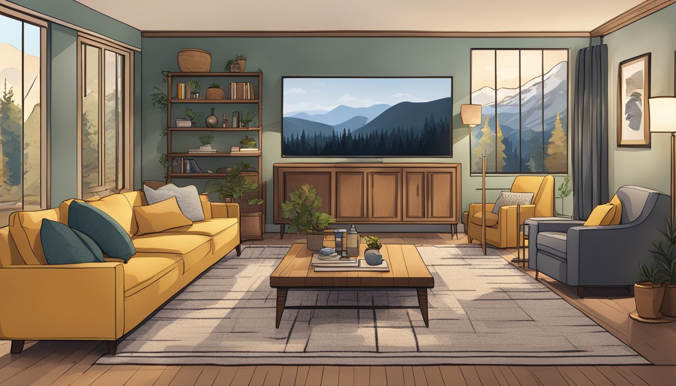 A cozy living room with a large TV displaying the show "Yellowstone," surrounded by comfortable seating and warm lighting