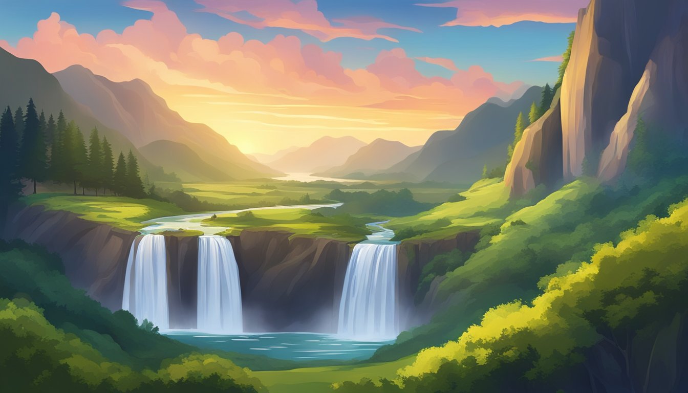 A lush, mountainous landscape with a winding river and a majestic waterfall, set against a dramatic sunset sky