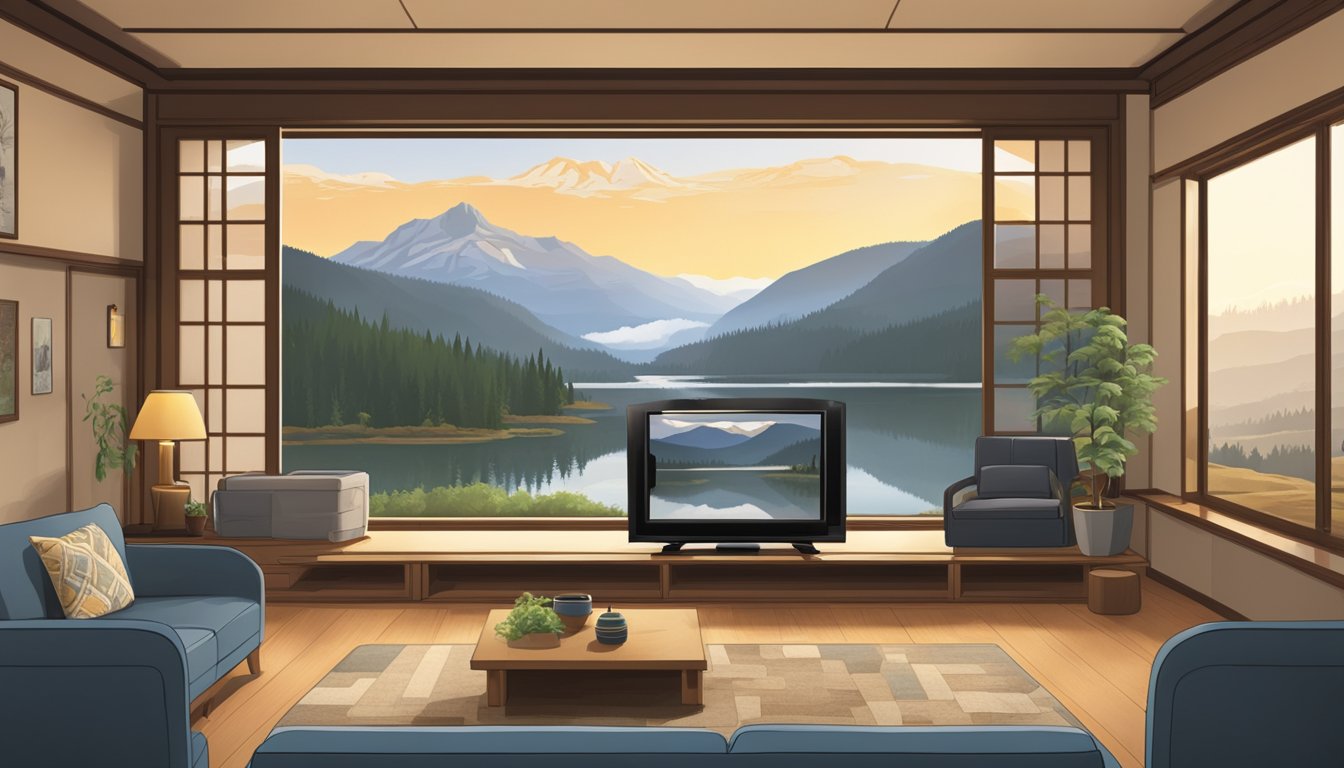 A serene Japanese living room with a large flat-screen TV displaying the dramatic landscapes of Yellowstone National Park