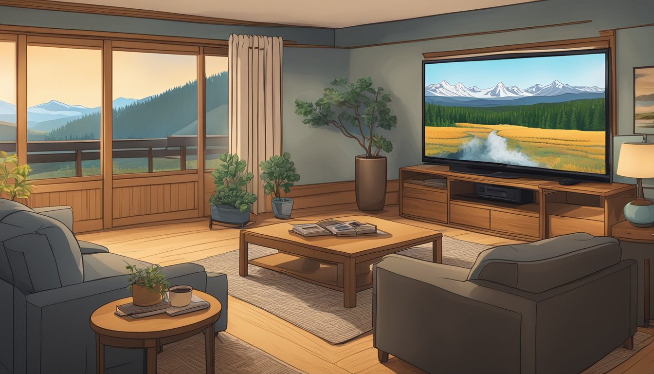 A scenic view of a Japanese living room with a television screen showing the popular American TV show "Yellowstone" streaming online