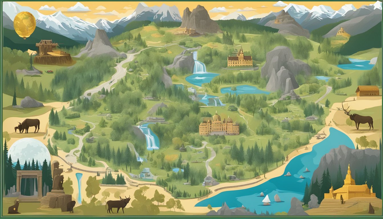 A map of Yellowstone National Park with cultural symbols and a globe, surrounded by images of Luxembourg landmarks