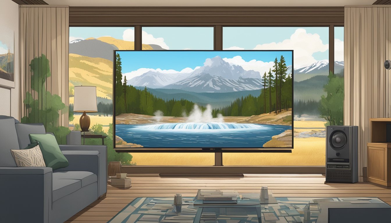 A picturesque landscape of Yellowstone National Park with geysers and mountains, and a television screen showing the show "Yellowstone" in a Japanese living room