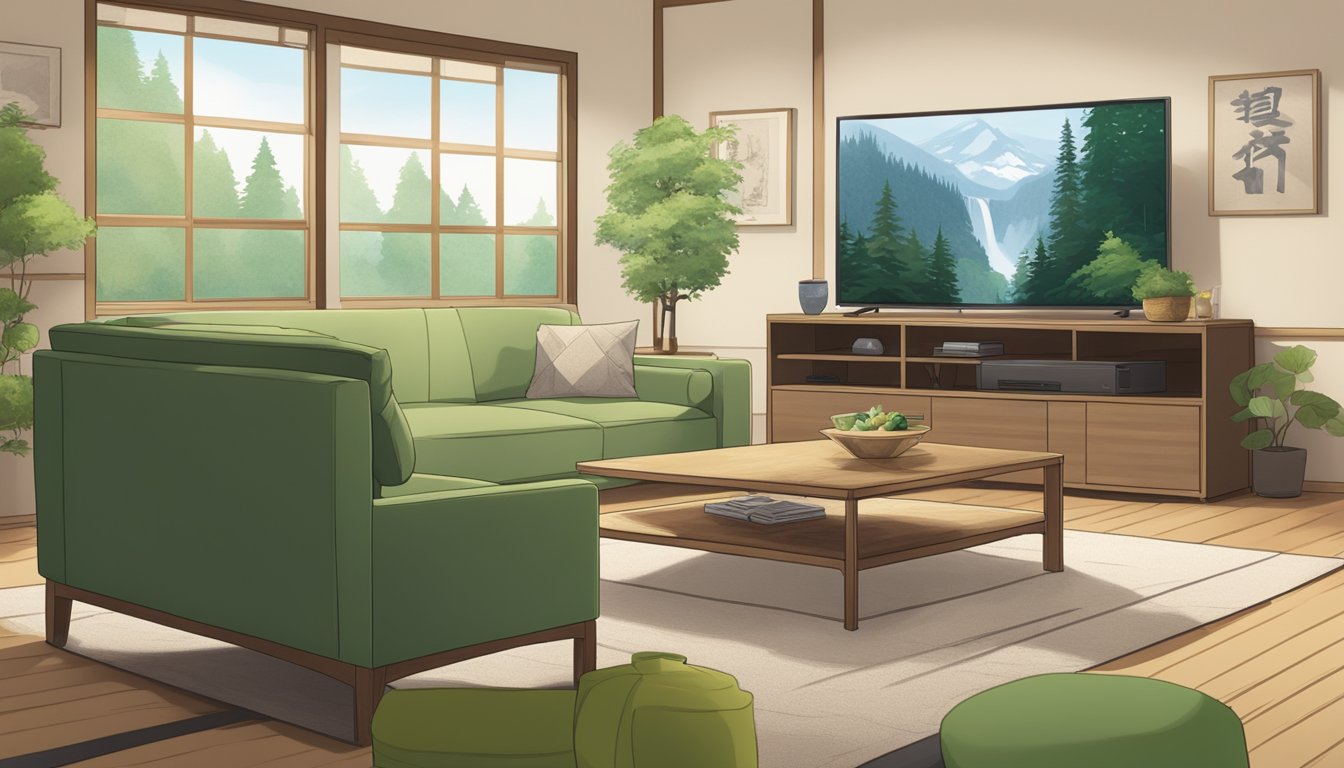 A serene Japanese living room with a large TV showing the 'Yellowstone' spinoff series. A cup of green tea sits on a low table