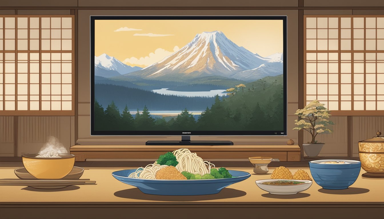 A Japanese TV screen shows the show "Yellowstone" with Japanese subtitles, surrounded by traditional Japanese decor and a bowl of steaming ramen