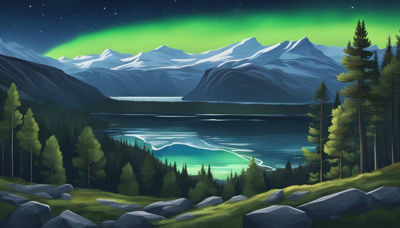 A serene Norwegian landscape with a clear view of the night sky, featuring the aurora borealis and a distant view of the Yellowstone National Park