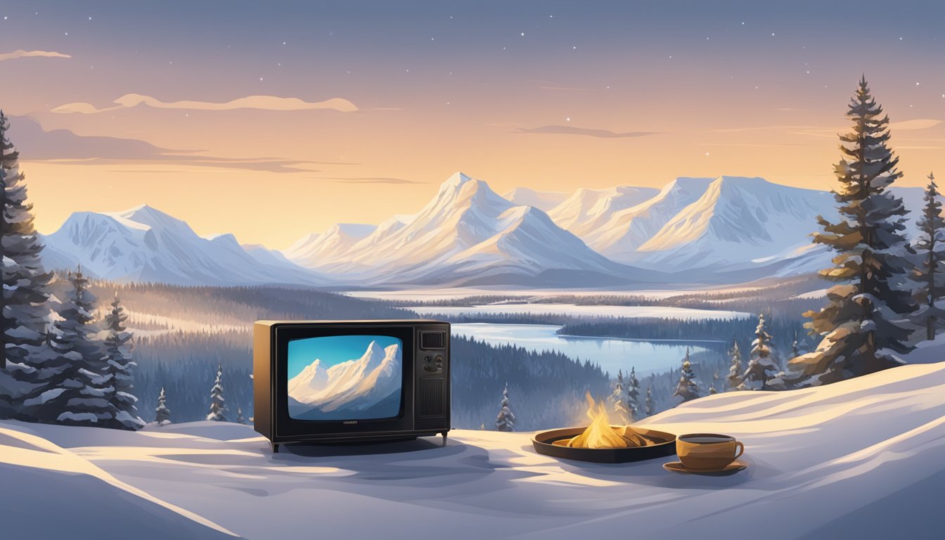 A snowy Norwegian landscape with a TV screen showing the series "Yellowstone" surrounded by cozy blankets and hot drinks