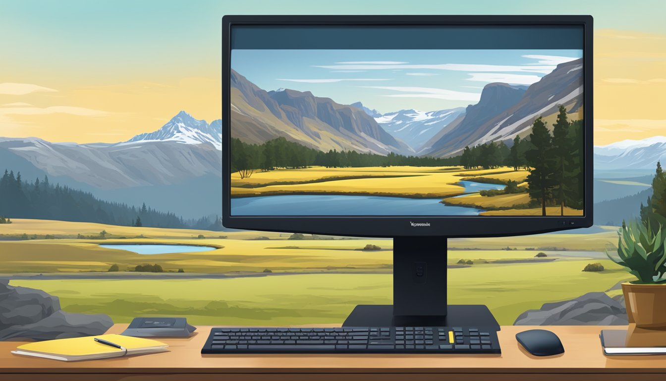 A serene New Zealand landscape with a television or computer screen displaying the iconic Yellowstone National Park