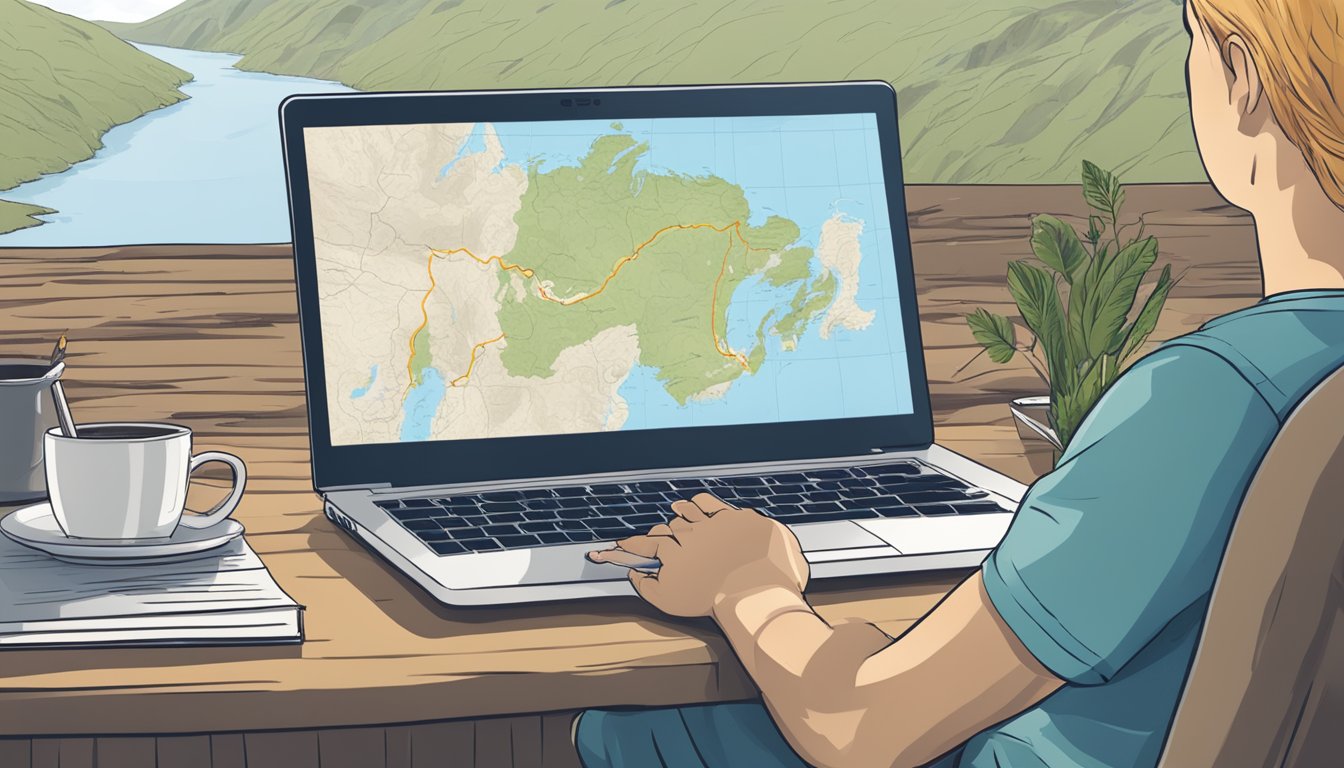 A person in Norway watches Yellowstone on a laptop, with a map of Norway and a book on legal and ethical viewpoints nearby