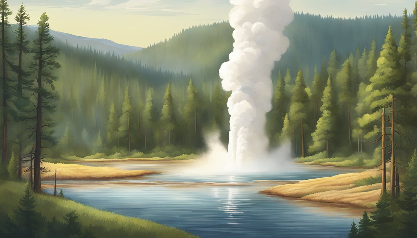 A serene landscape of Yellowstone National Park with a geyser erupting in the distance, surrounded by lush forests and rolling hills