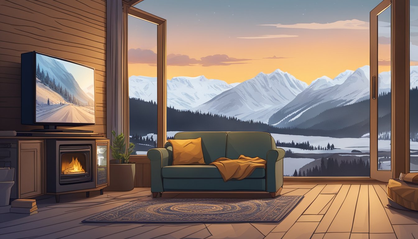 A laptop displaying the TV show "Yellowstone" set against a backdrop of snowy Norwegian mountains and a cozy living room with a warm fire