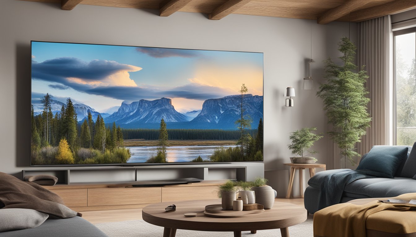 A scenic depiction of Yellowstone National Park displayed on a television screen in a cozy living room in the Netherlands