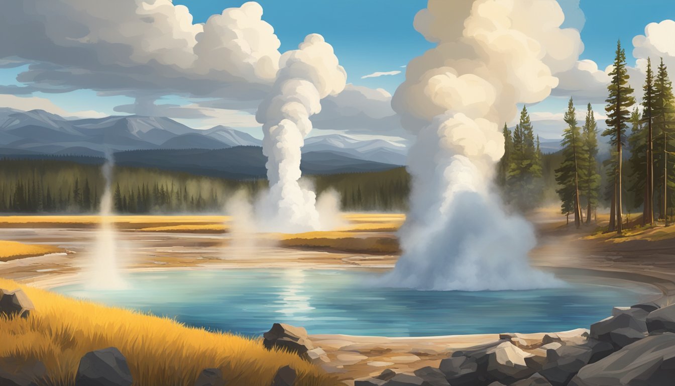 A majestic landscape of Yellowstone National Park, with geysers, mountains, and wildlife, set against a dramatic sky