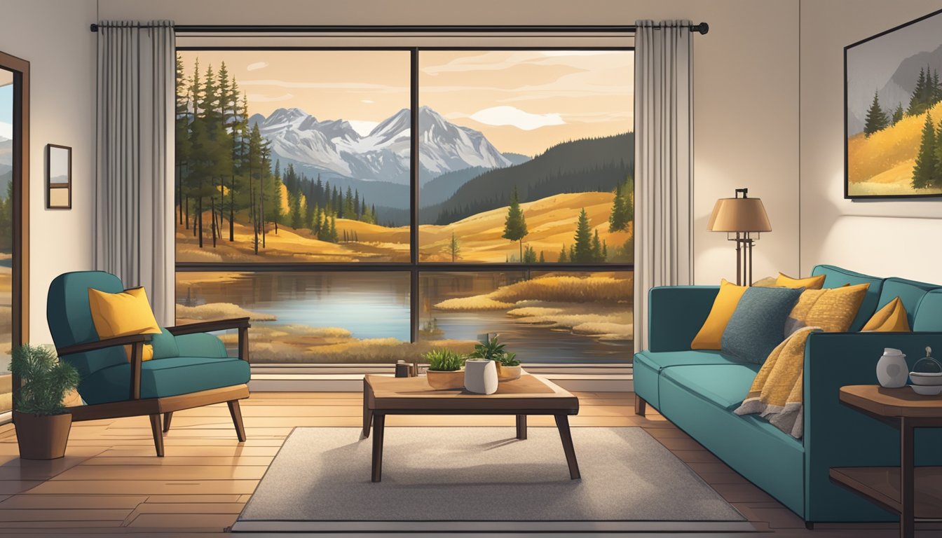 A picturesque landscape with a television screen displaying the show "Yellowstone" in a cozy living room with a cup of tea on the table