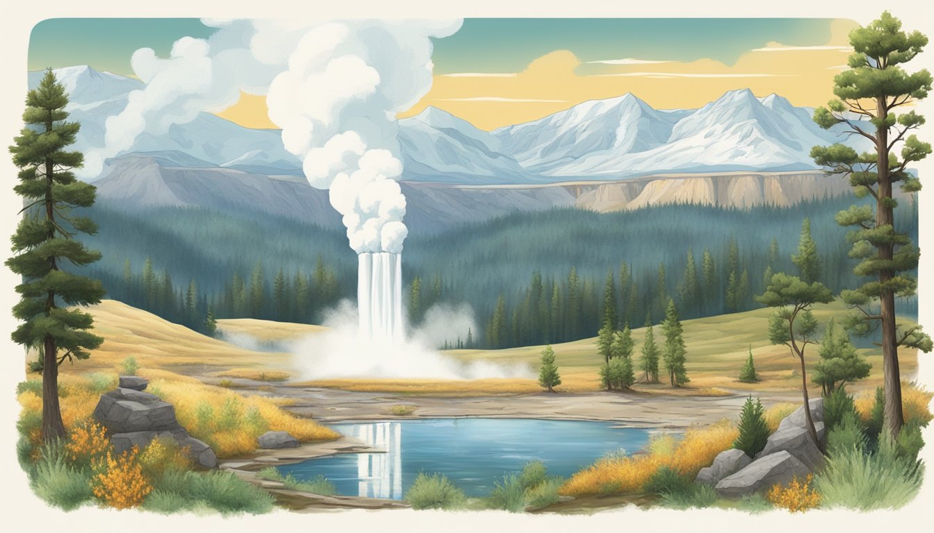 A lush landscape with geysers and wildlife, transitioning through all four seasons, set against the backdrop of Yellowstone National Park