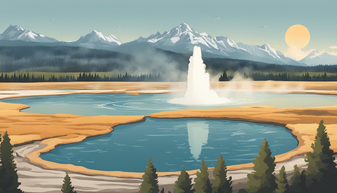 A scenic view of Yellowstone's iconic landscapes, featuring geysers, mountains, and wildlife, with the series timeline and Netherlands flag in the background