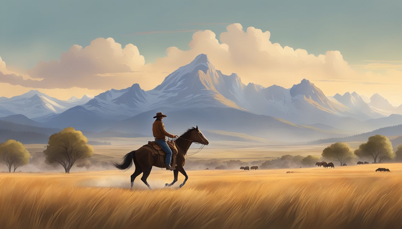 A cowboy riding a horse through a vast, open landscape with mountains in the background, surrounded by grazing bison and a rustic ranch