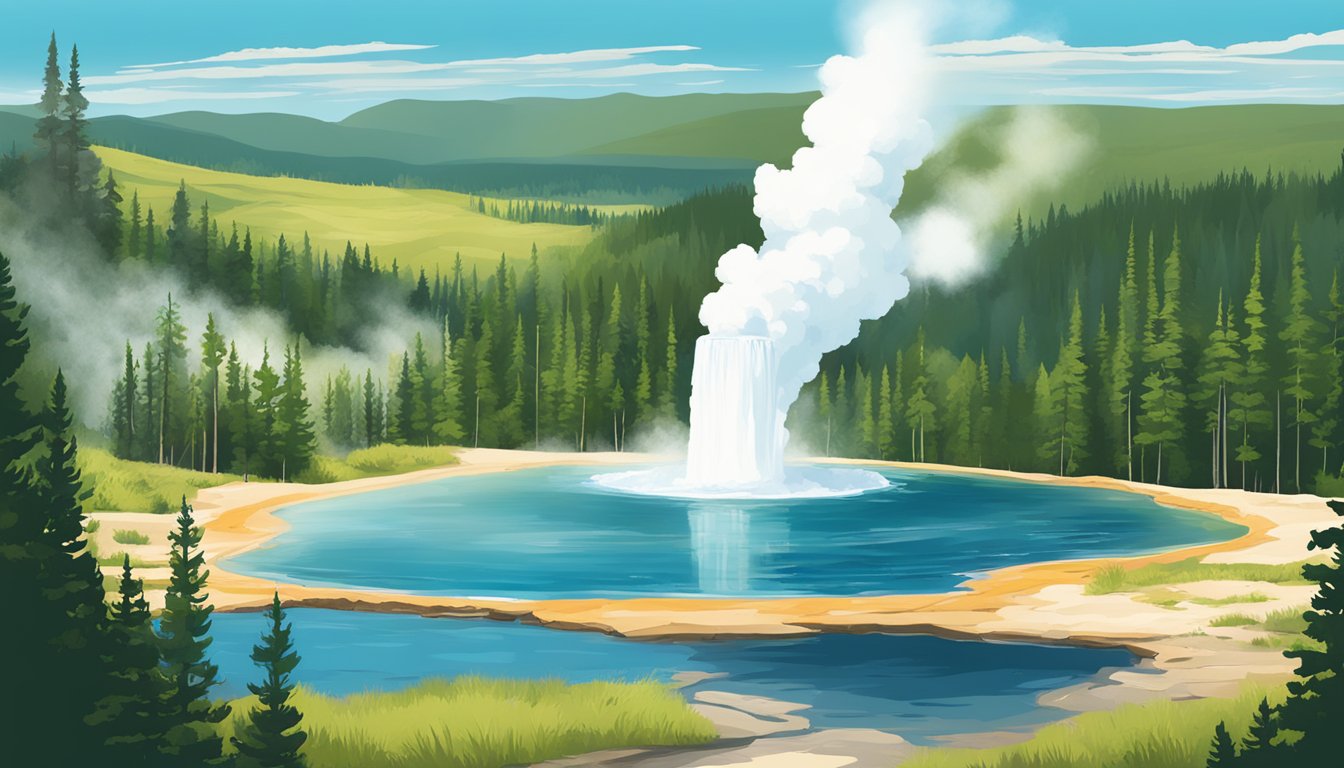 A serene landscape with a geyser erupting in Yellowstone National Park, with lush greenery and a clear blue sky, capturing the impact of nature