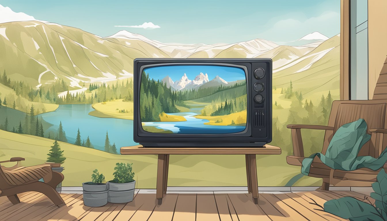 A serene landscape with a television displaying the show "Yellowstone," surrounded by cozy seating and a map of the Netherlands