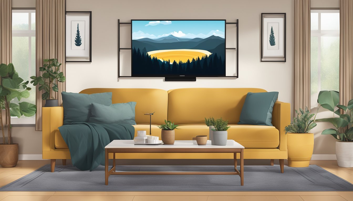 A laptop displaying the show "Yellowstone" on a sleek, modern entertainment center with a comfortable sofa and dimmed lighting in a cozy living room setting