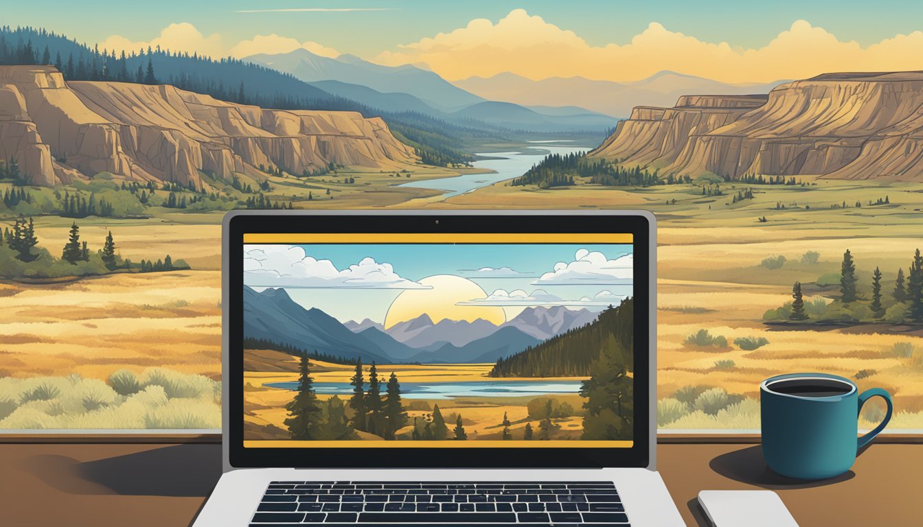 A laptop displaying the show "Yellowstone" on a streaming platform, with the iconic landscape of the American West in the background