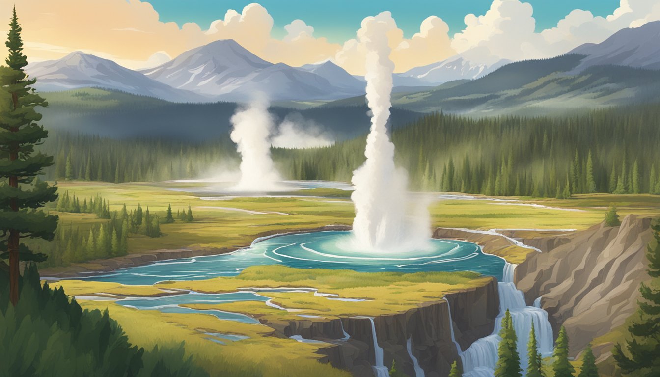 A scenic landscape of Yellowstone National Park with a prominent display of the show's logo and imagery, surrounded by lush greenery and geothermal features