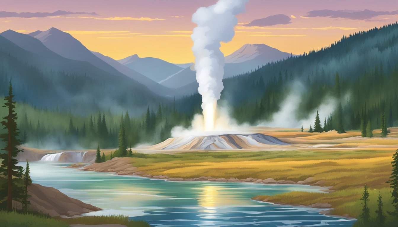 A scenic view of Yellowstone National Park, with its iconic geysers and colorful hot springs, set against a backdrop of rugged mountains and lush forests