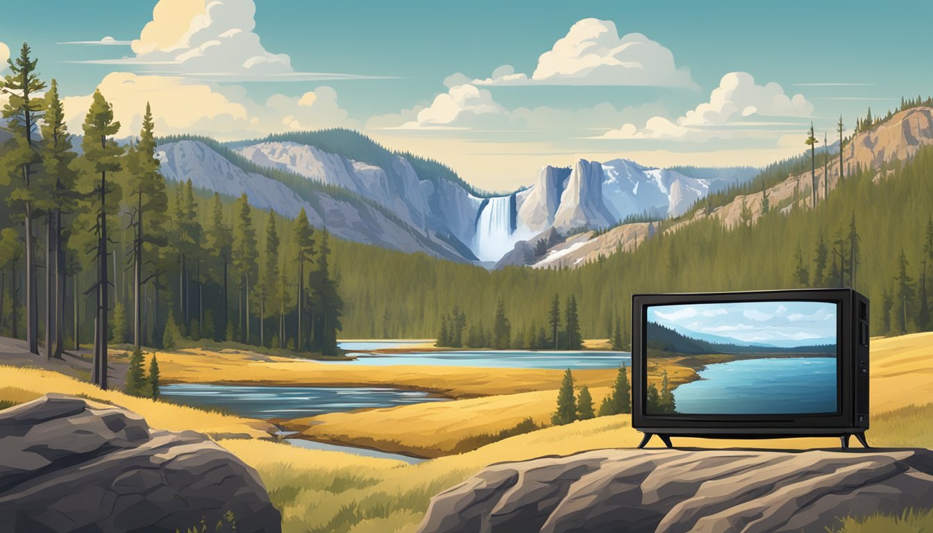 A scenic view of Yellowstone National Park in Spain with a television displaying the show "Yellowstone" playing on the screen