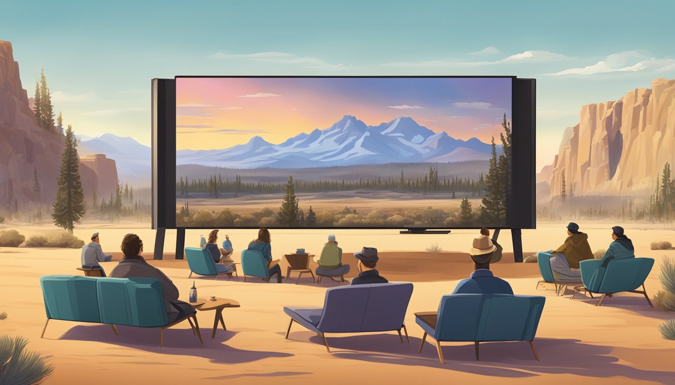 A desert landscape with a large screen displaying the TV show "Yellowstone," surrounded by comfortable seating and a group of people watching