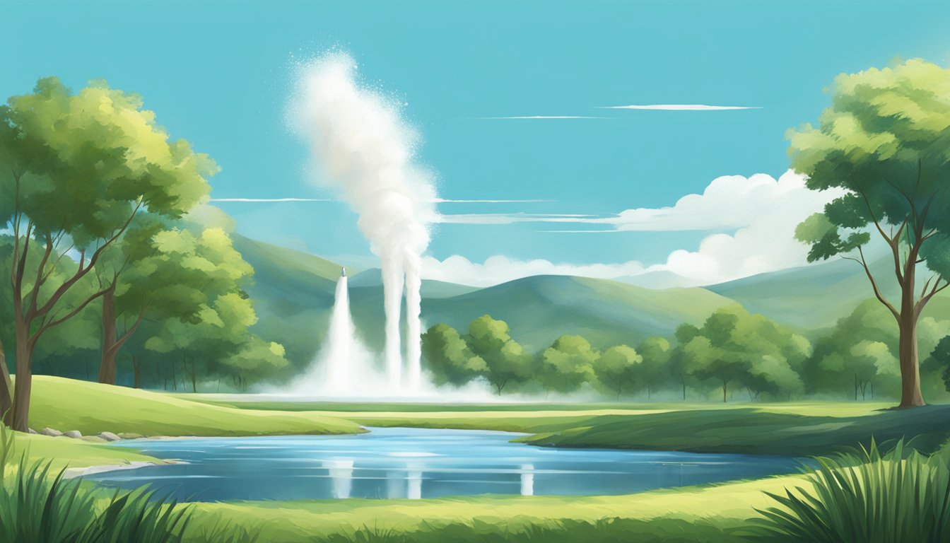 A serene landscape with a geyser erupting in the background, surrounded by lush greenery and a clear blue sky