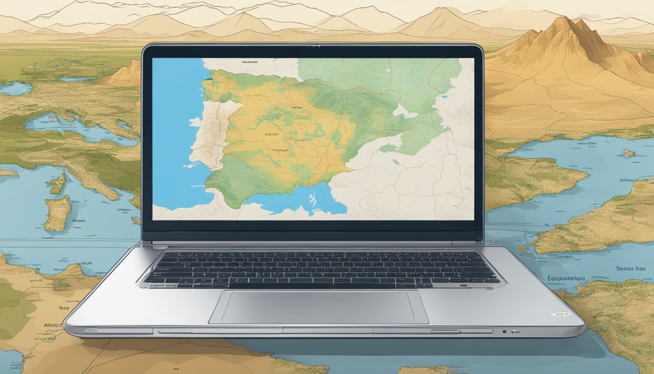 A laptop displaying the Yellowstone series on a streaming platform, with a map of Spain in the background