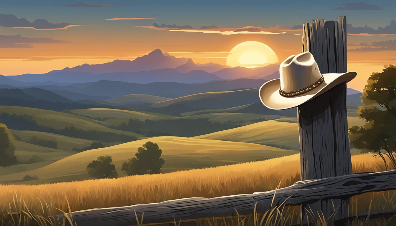 A cowboy hat rests on a weathered fence post against a backdrop of rolling hills and a dramatic sunset