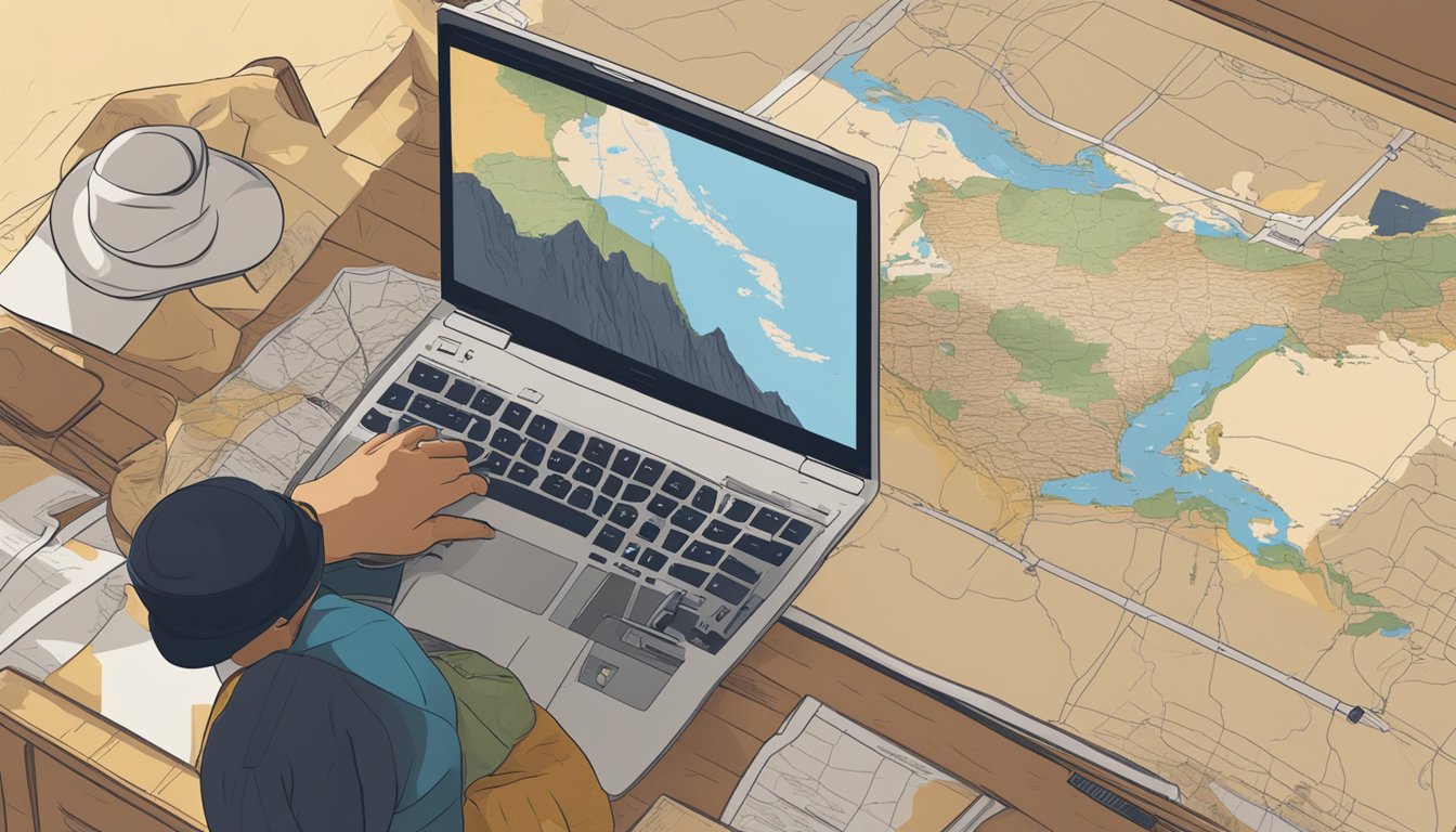 A laptop displaying the TV show "Yellowstone" with a map of Spain in the background, while a person searches for streaming options