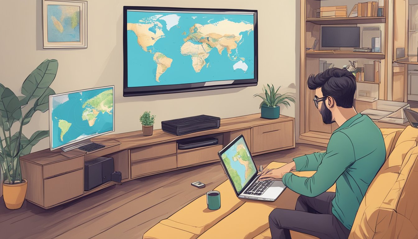 A person watching television in a living room, with a map of Spain on the wall and a laptop open to a troubleshooting page