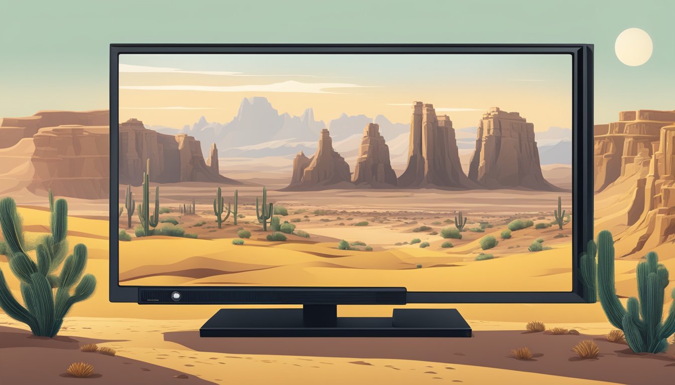 A desert landscape with a television showing the TV show "Yellowstone," surrounded by traditional Qatari cultural and sociopolitical symbols