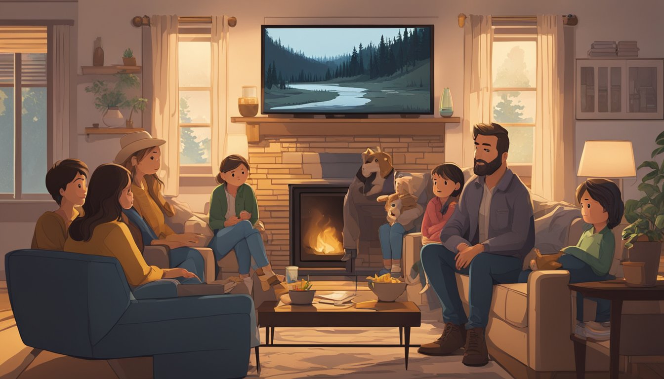 A family gathers around a TV in a cozy living room, with the show "Yellowstone" playing on the screen. The room is dimly lit, and the characters' expressions show intense focus and anticipation