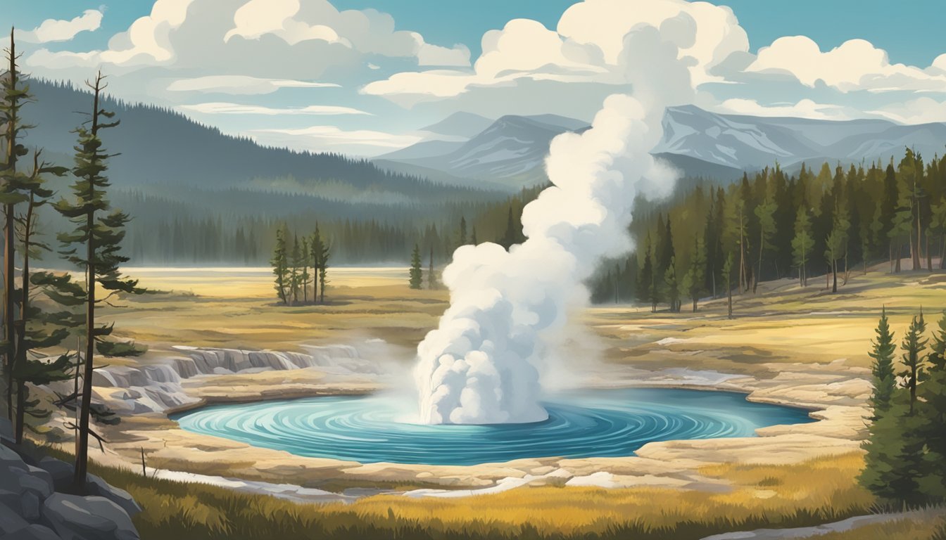 A picturesque landscape with geysers, hot springs, and wildlife in Yellowstone National Park