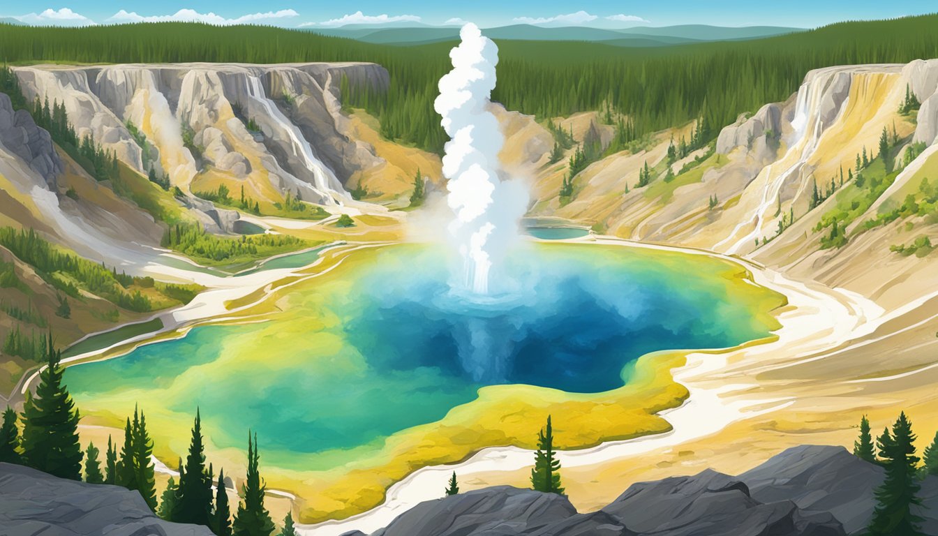 A picturesque landscape of Yellowstone National Park with geysers and lush greenery under a clear blue sky