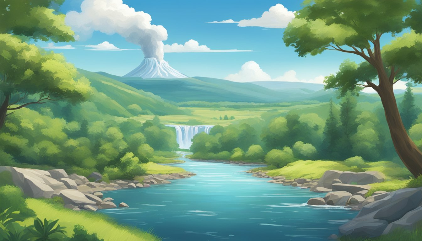 A serene landscape with a streaming river, lush greenery, and geysers erupting in the distance, under a clear blue sky