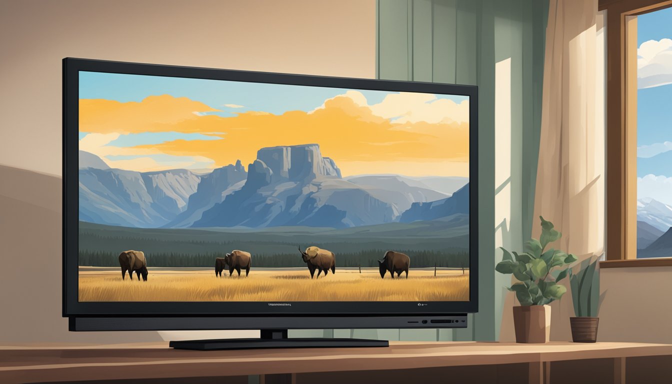 A television screen displaying the show "Yellowstone" with the South African landscape in the background