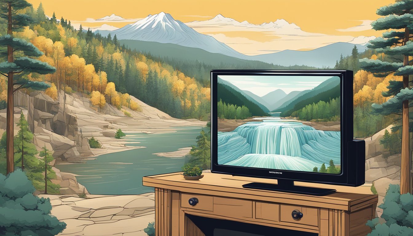 A scenic landscape with a television screen showing the Yellowstone series, set against a backdrop of South Korean landmarks