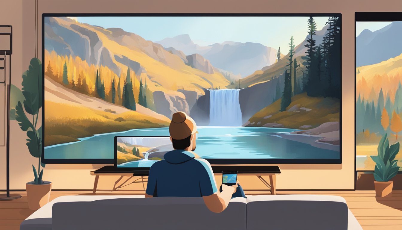 A cozy living room with a large TV displaying the iconic landscapes of Yellowstone National Park. A person is seen using a streaming service on their device to watch the show