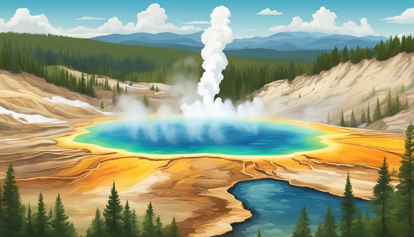 A picturesque landscape of the Yellowstone National Park with its iconic geysers and colorful hot springs, set against a backdrop of rugged mountains and lush forests