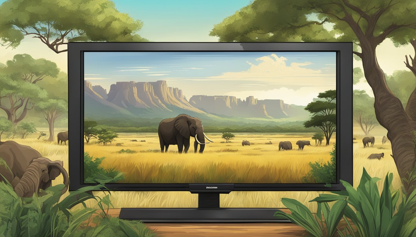 A picturesque African savanna with a television screen showing the drama series "Yellowstone" amidst lush greenery and wildlife