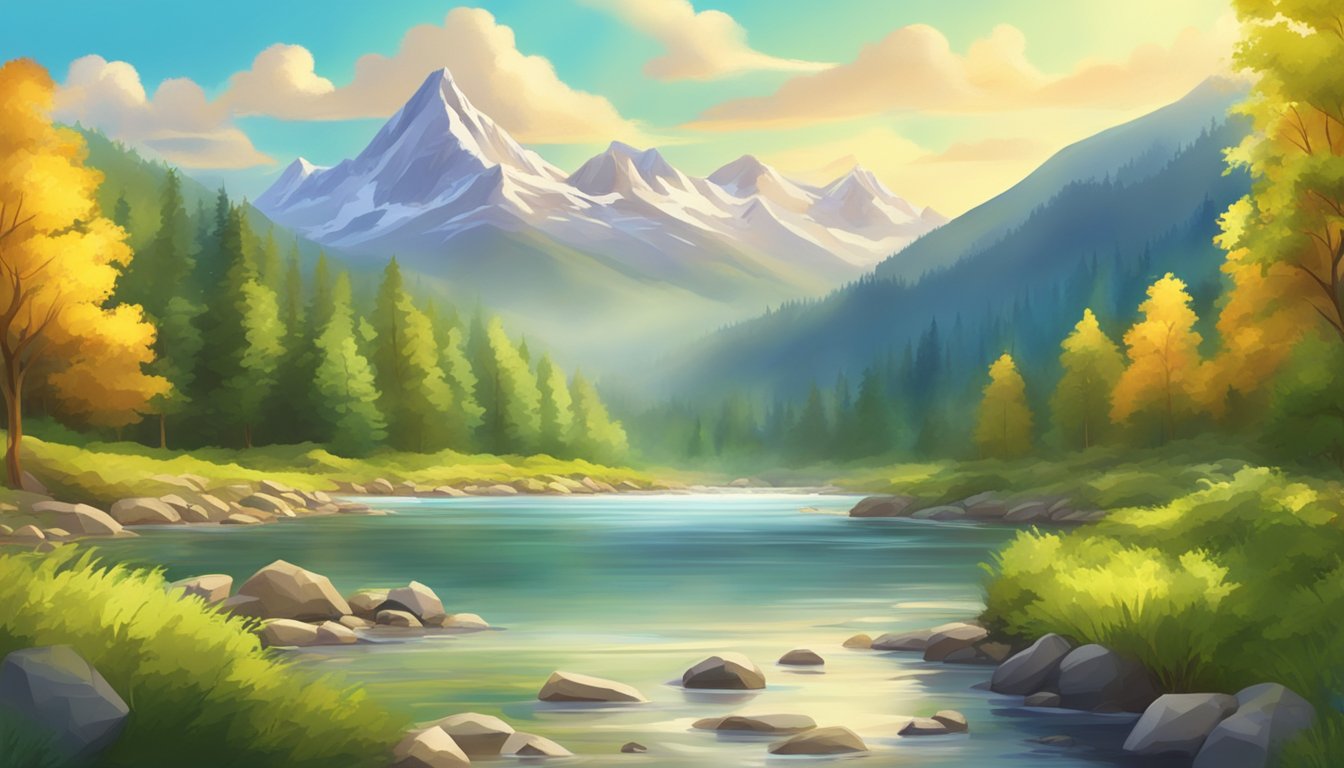 A picturesque landscape with a prominent mountain range, a flowing river, and a lush forest, all under a bright, sunny sky