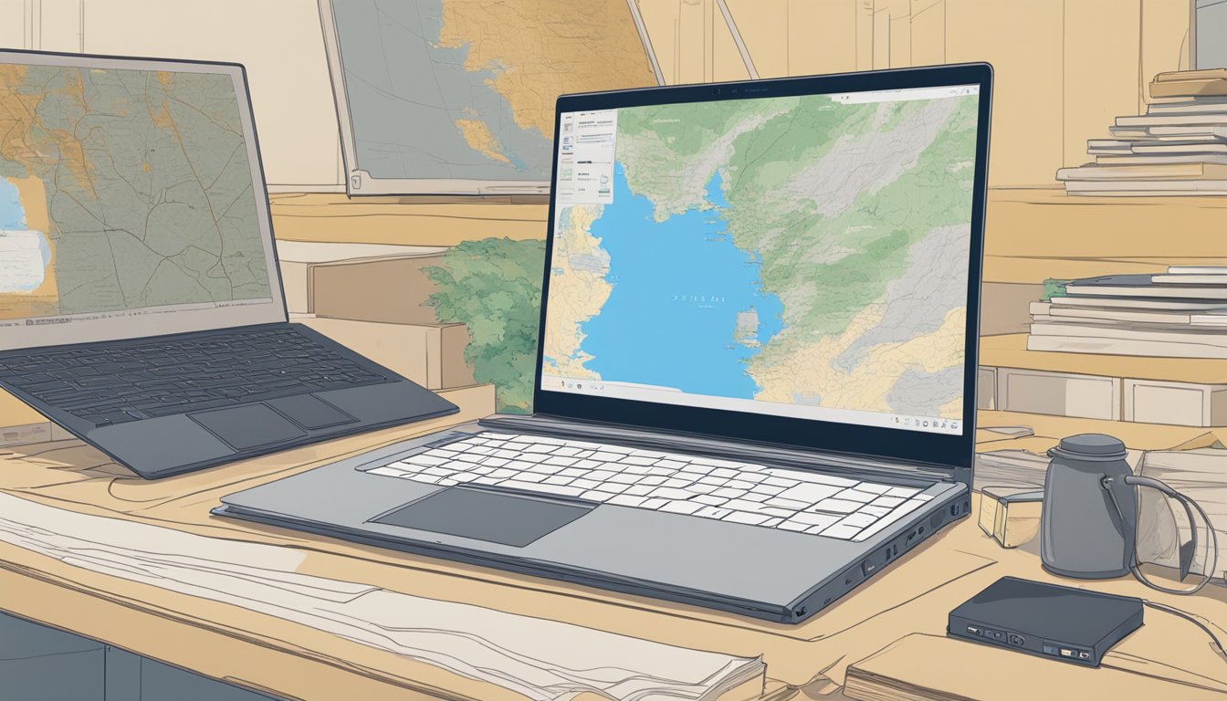 A laptop displaying the Yellowstone series on a streaming platform, surrounded by a map of South Korea and technical equipment