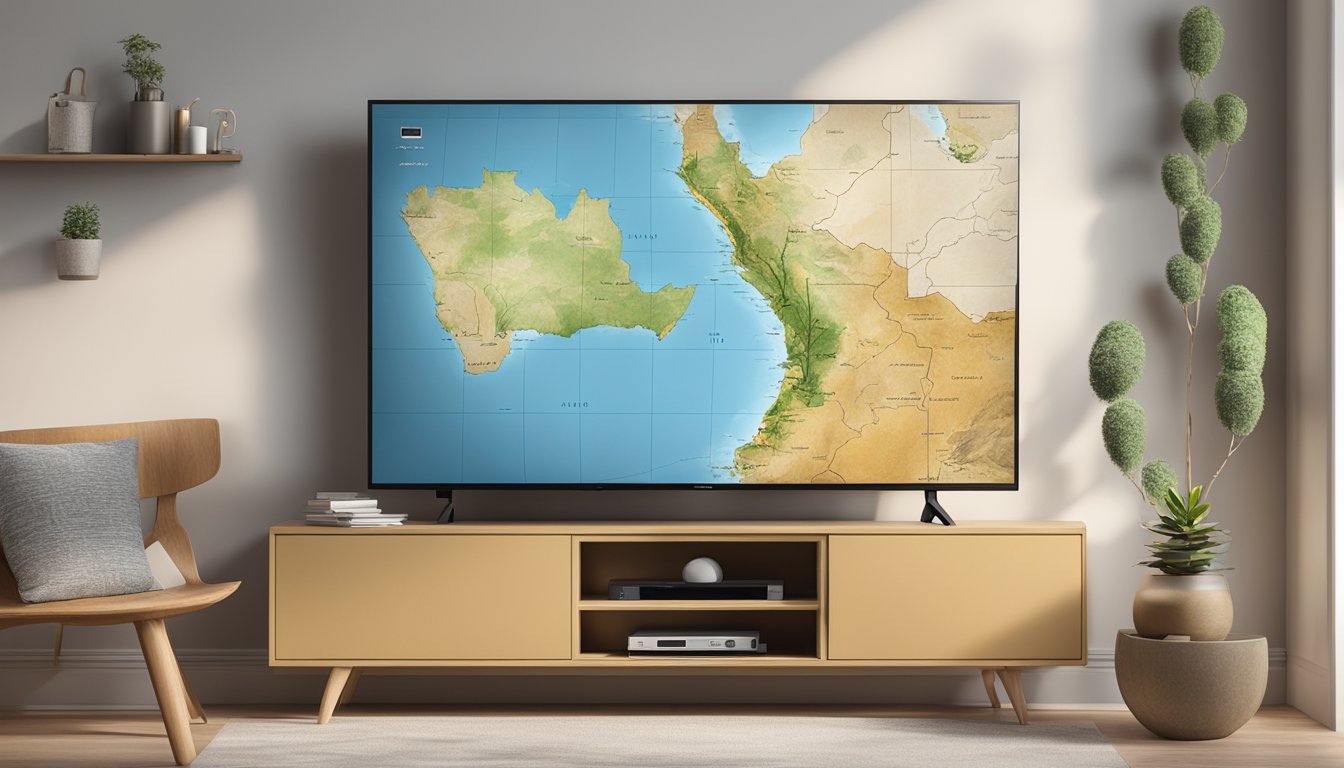 A TV screen showing the Yellowstone series playing in a living room, with a remote control nearby and a map of South Africa on the wall