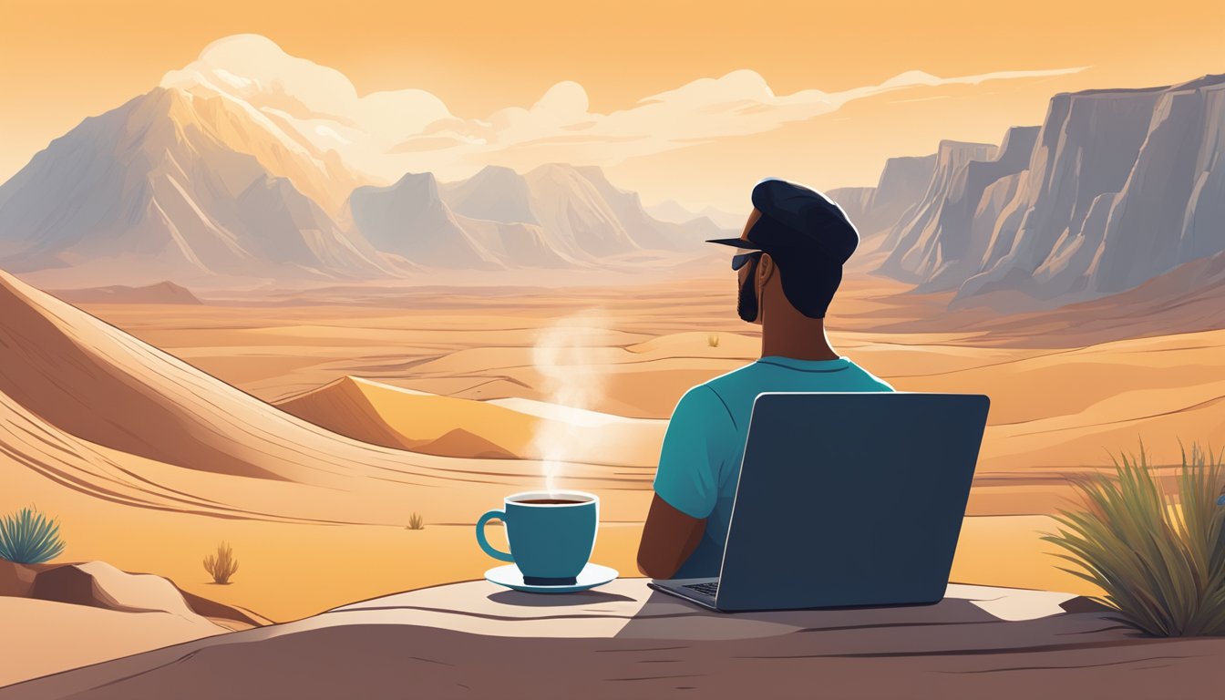 A person in the UAE watches Yellowstone using a laptop, streaming on a desert-themed background with a cup of tea beside them