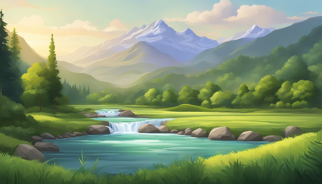 A serene landscape with a flowing river, lush greenery, and a majestic mountain range in the background